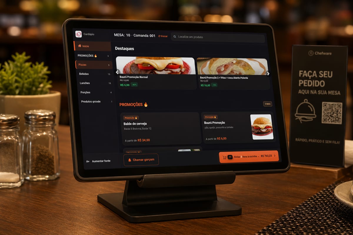 Tablet preso à mesa mostrando o cardápio digital do chefware — cliente faz o próprio pedido direto da mesa